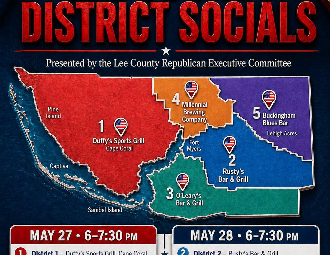 Lee County District Socials event graphic with District 2 at Rusty’s Bar & Grill