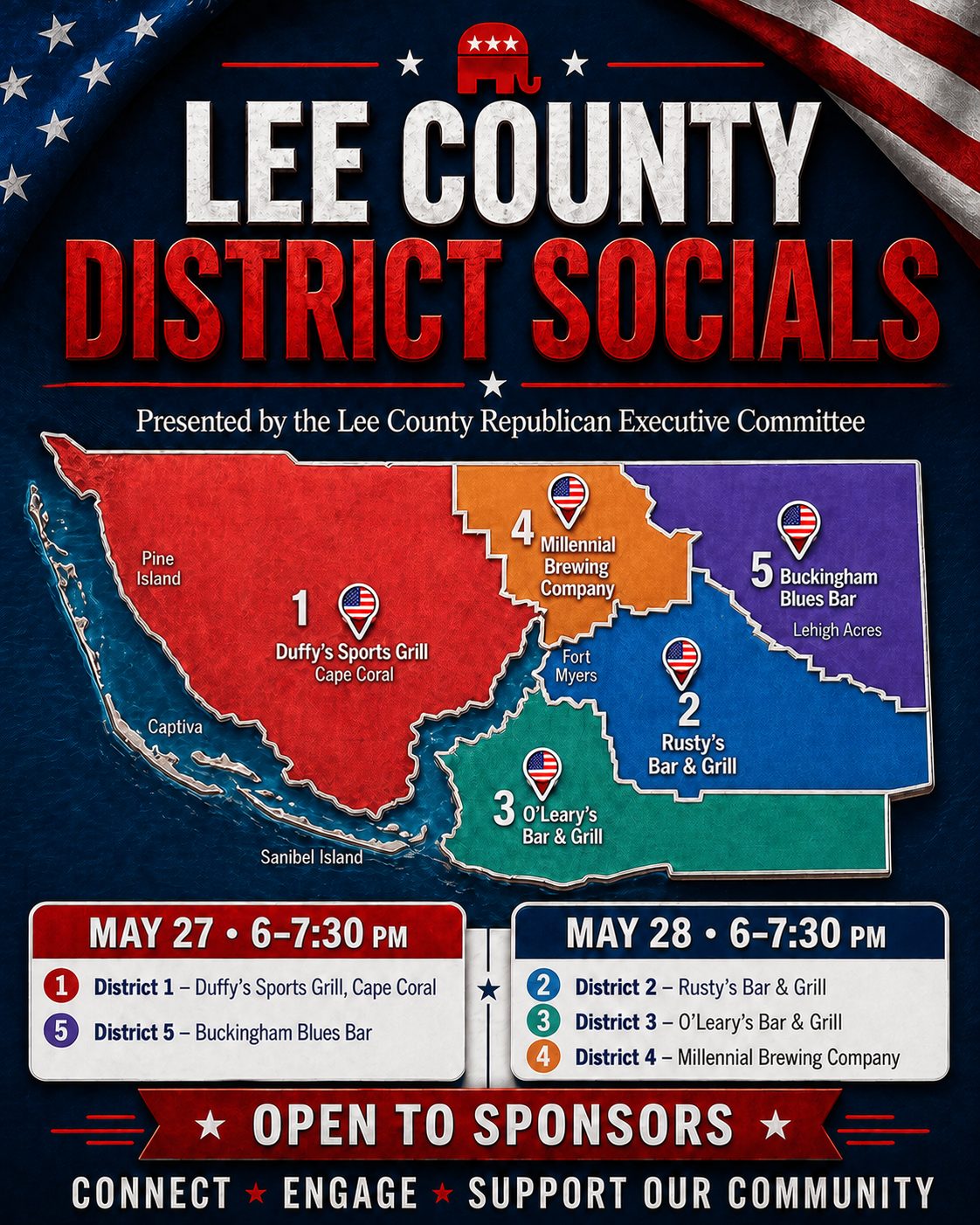 Lee County District Socials event graphic with District 2 at Rusty’s Bar & Grill
